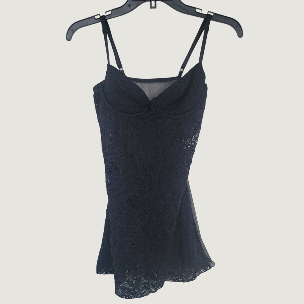 Fredericks of Hollywood Black Floral Lace Camisole Chemise Medium Teddy Cami